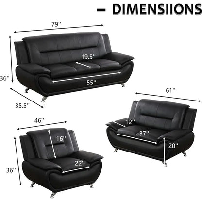 ern 3 Piece Living Room Couch Set, aux Leather Soa Set, Black
