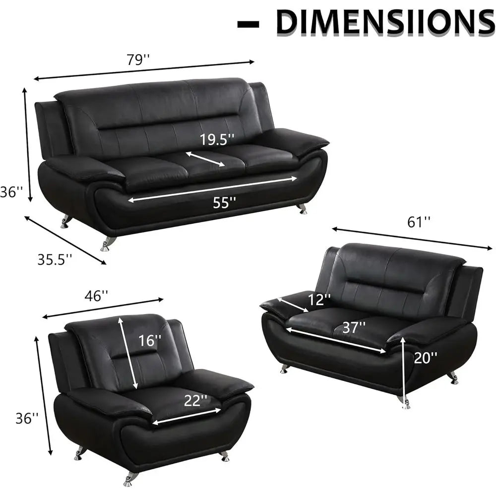 ern 3 Piece Living Room Couch Set, aux Leather Soa Set, Black