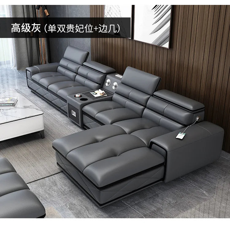 Simple and modern leather sofa combination large apartment living room L-shaped corner function headrest few fully