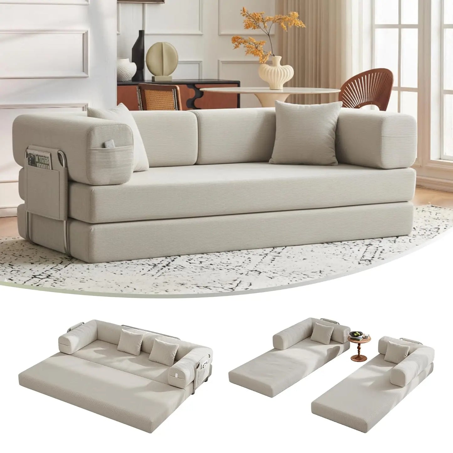 79" Convertible Sofa Bed with Pillows, Corduroy Folding Sleeper Sofa with Fixed-Shape Frame, Boneless Couch for, Customized