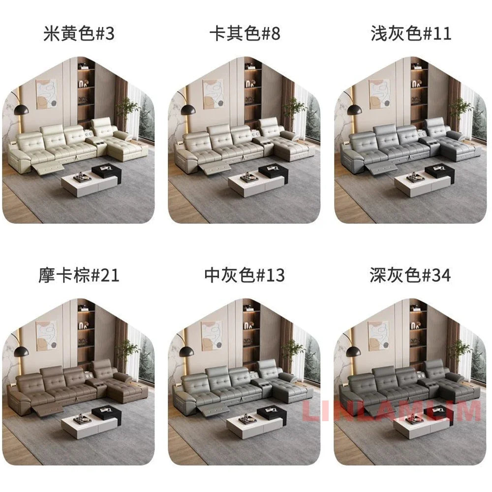 Electric Reclining Sectional Sofa Bed with Cup Holder & Adjustable Headrests – Italian Genuine Leather Convertible Sleeper Couch