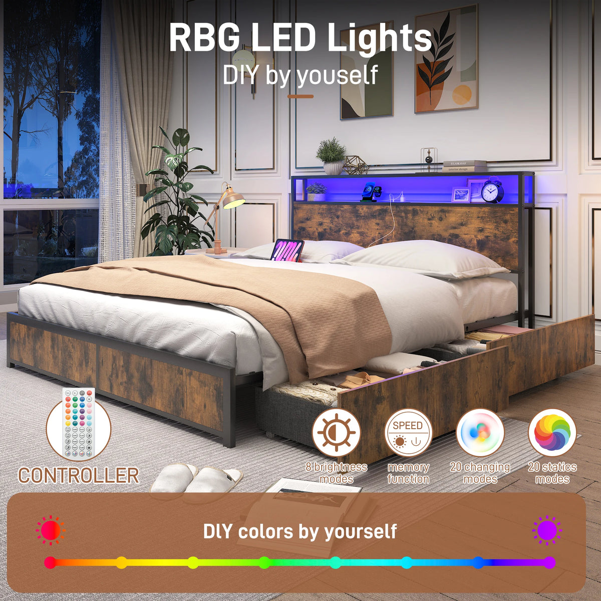 LED Bed Frame Full/QueenKing Size with 2 USB Ports and Outlets, Platform Metal Bed Frame with 4 Storage Drawers and Headboard