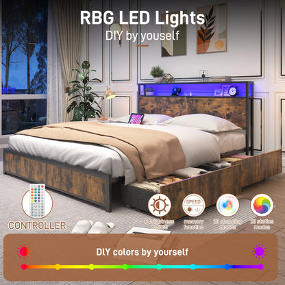 LED Bed Frame Full/QueenKing Size with 2 USB Ports and Outlets, Platform Metal Bed Frame with 4 Storage Drawers and Headboard