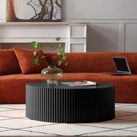 Round Coffee Table, Modern Black Side Table End Table for Living Room, Wood Circle Drum Coffee Table with Handcrafted Relief, Co