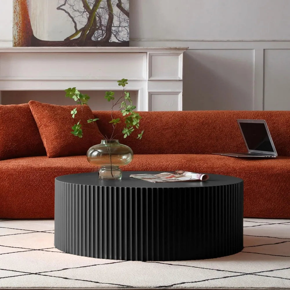 Round Coffee Table, Modern Black Side Table End Table for Living Room, Wood Circle Drum Coffee Table with Handcrafted Relief, Co