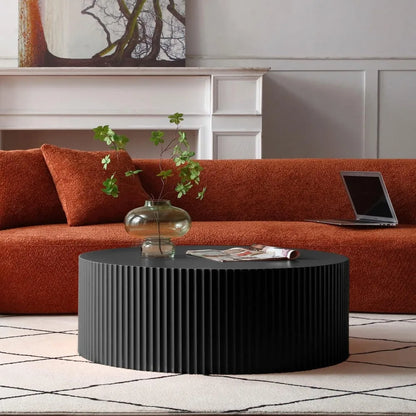 Round Coffee Table, Modern Black Side Table End Table for Living Room, Wood Circle Drum Coffee Table with Handcrafted Relief, Co