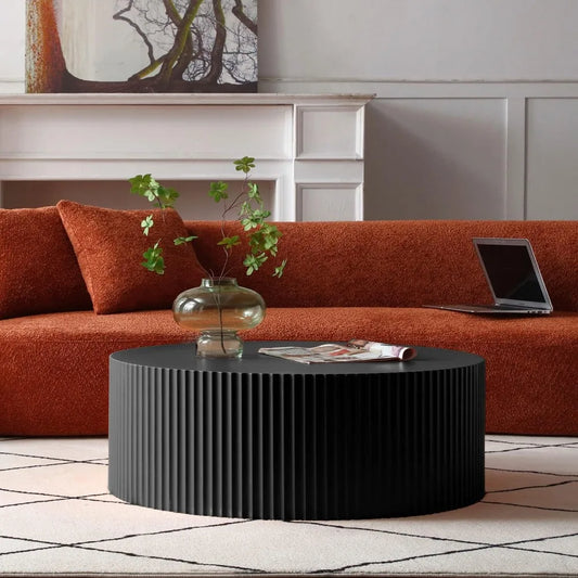 Round Coffee Table, Modern Black Side Table End Table for Living Room, Wood Circle Drum Coffee Table with Handcrafted Relief, Co