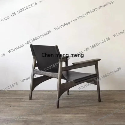 A178  High-end Leather Chair, Danish Leisure Single Back Chair, Solid Wood Saddle Leather Armchair, Home Balcony Leisure Chair