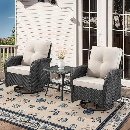 Patio Furniture Swivel Glider PE Wicker Chair, Outdoor Swivel Rocker Seating with Cushions for Porch Deck Balcony, Brown/Gray