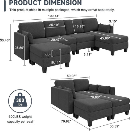 Convertible U Shaped Sofa Couch with High Density Memory Foam, 6 Seat Comfy Modular Sofa Couch for Living Room