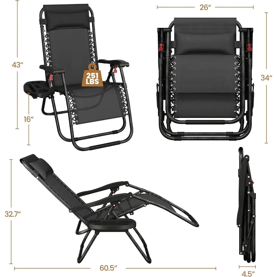 Zero Gravity Recliners Outdoor Adjustable Folding Reclining Lounge Chairs with Pillows Cup Holder Trays and Carry Strap for Pat