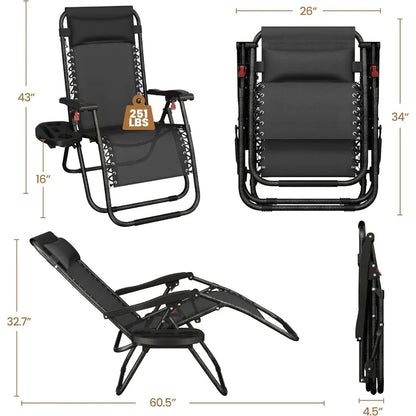 Zero Gravity Recliners Outdoor Adjustable Folding Reclining Lounge Chairs with Pillows Cup Holder Trays and Carry Strap for Pat