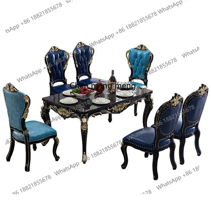 Marble dining table and chair combination European solid wood carving flower rectangular restaurant household dining table