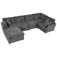 127 inch U-shaped segmented sofa with movable Ottoman style, 6-piece set of chenille fabric sofa