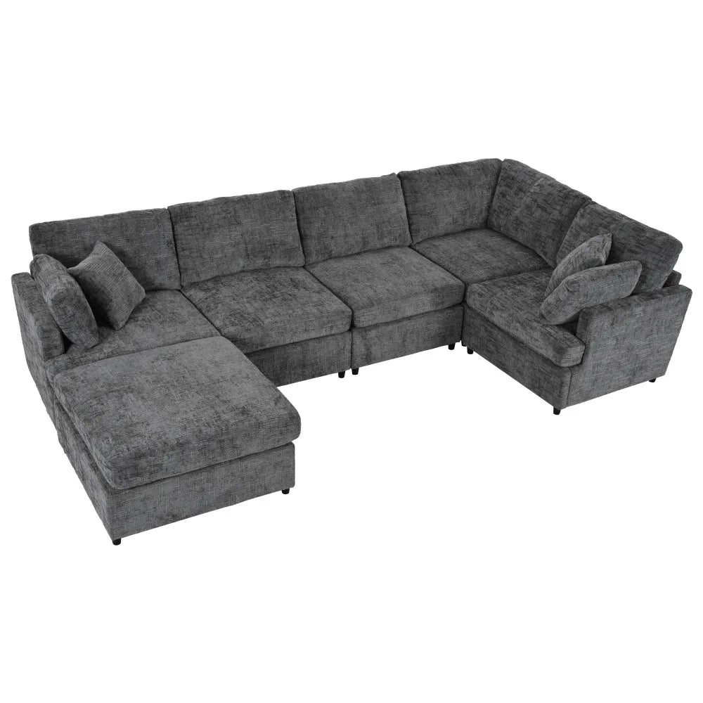 127 inch U-shaped segmented sofa with movable Ottoman style, 6-piece set of chenille fabric sofa