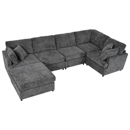 127 inch U-shaped segmented sofa with movable Ottoman style, 6-piece set of chenille fabric sofa