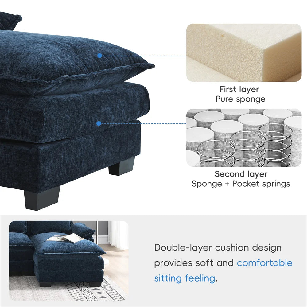 Couch U-shaped Sectional Sofa Japanese Dark Blue Sleeper Sofa  with Waist Pillows Double Chaise Lounge for Living Room Apartment