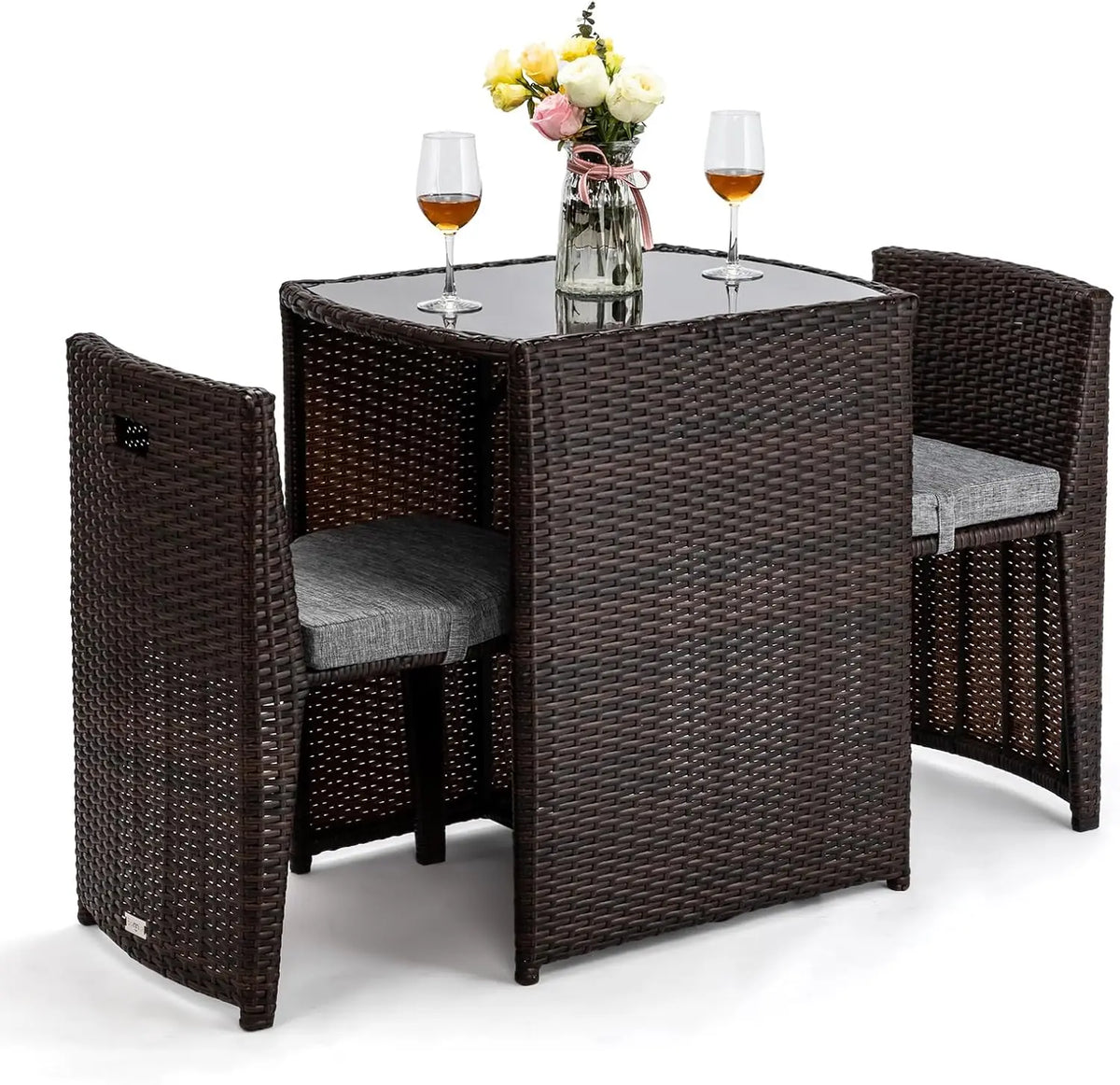 [Limited Time Offer, Today Only!]3 PCS Wicker Outdoor Patio Bistro Set, Patio Furniture Set for Small Space with Glass Top Table