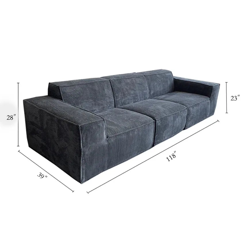 Three-Seater Sofa Vacuum Compressed Sofa Tofu Block Retro Corduroy Fabric, Durable Pure Sponge, Frameless, Minimalist Living Roo