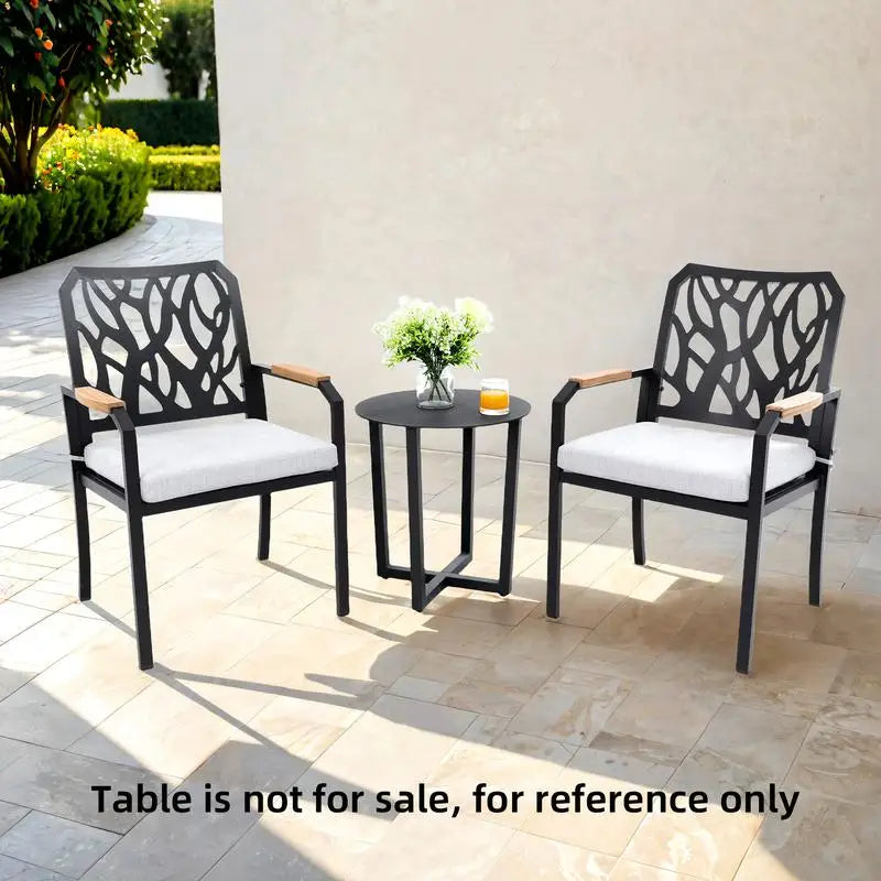 Aluminum Stationary Dining Chairs Set of 2 with Sunbrella Fabric Cushions, Branch-Like Backrest, FSC-Certified Wood Armrests,