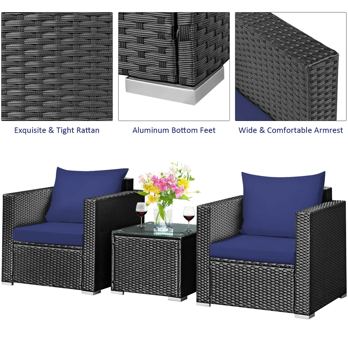 3PCS Patio Rattan Wicker Furniture Set Sofa Table W/Cushion Yard Navy