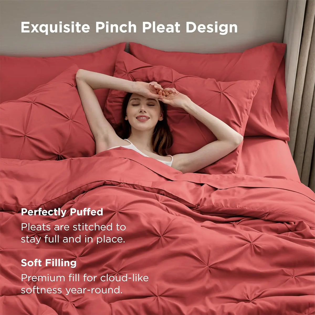 California King Comforter Set Coral Red Bed in a Bag California King 7 Pieces GentleSoft™ Pintuck Bed Set Gift for Family Pinch
