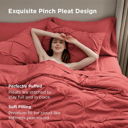 California King Comforter Set Coral Red Bed in a Bag California King 7 Pieces GentleSoft™ Pintuck Bed Set Gift for Family Pinch