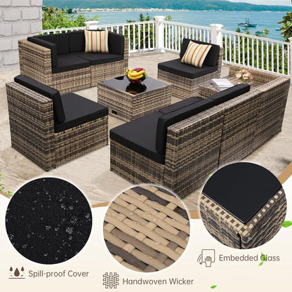 8 Pieces Outdoor Wicker Rattan Patio Furniture Sectional Set, Glass Top Table with Hidden Storage, 7 Sofa Sections, Oversized Cu