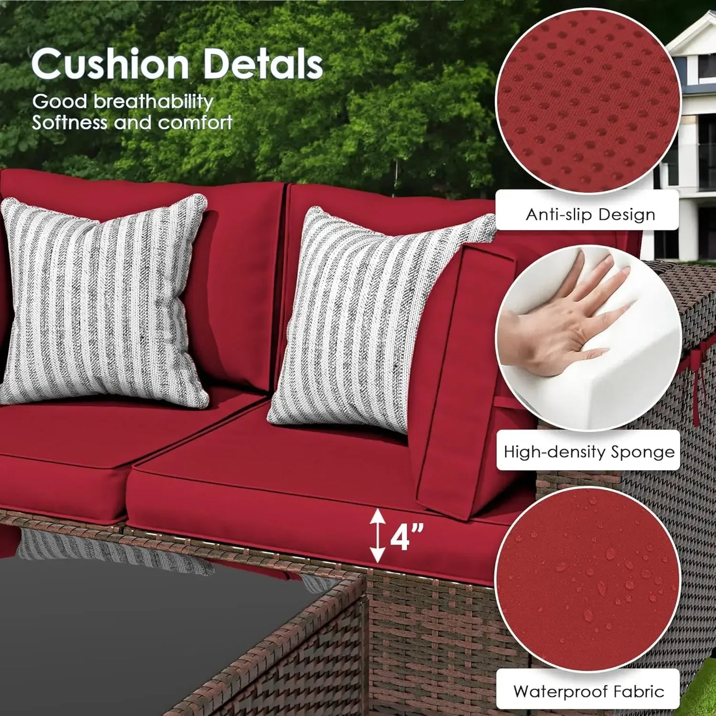 Patio Furniture Set Outdoor Modern Sectional  Wicker Couch with Glass Coffee Table, Thicken Cushions, Waterproof Cover