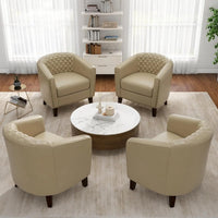 Faux Leather Barrel Accent Chairs Set of 4, Modern Club Arm Chair Comfy Upholstered Single Sofa Chair, Beige