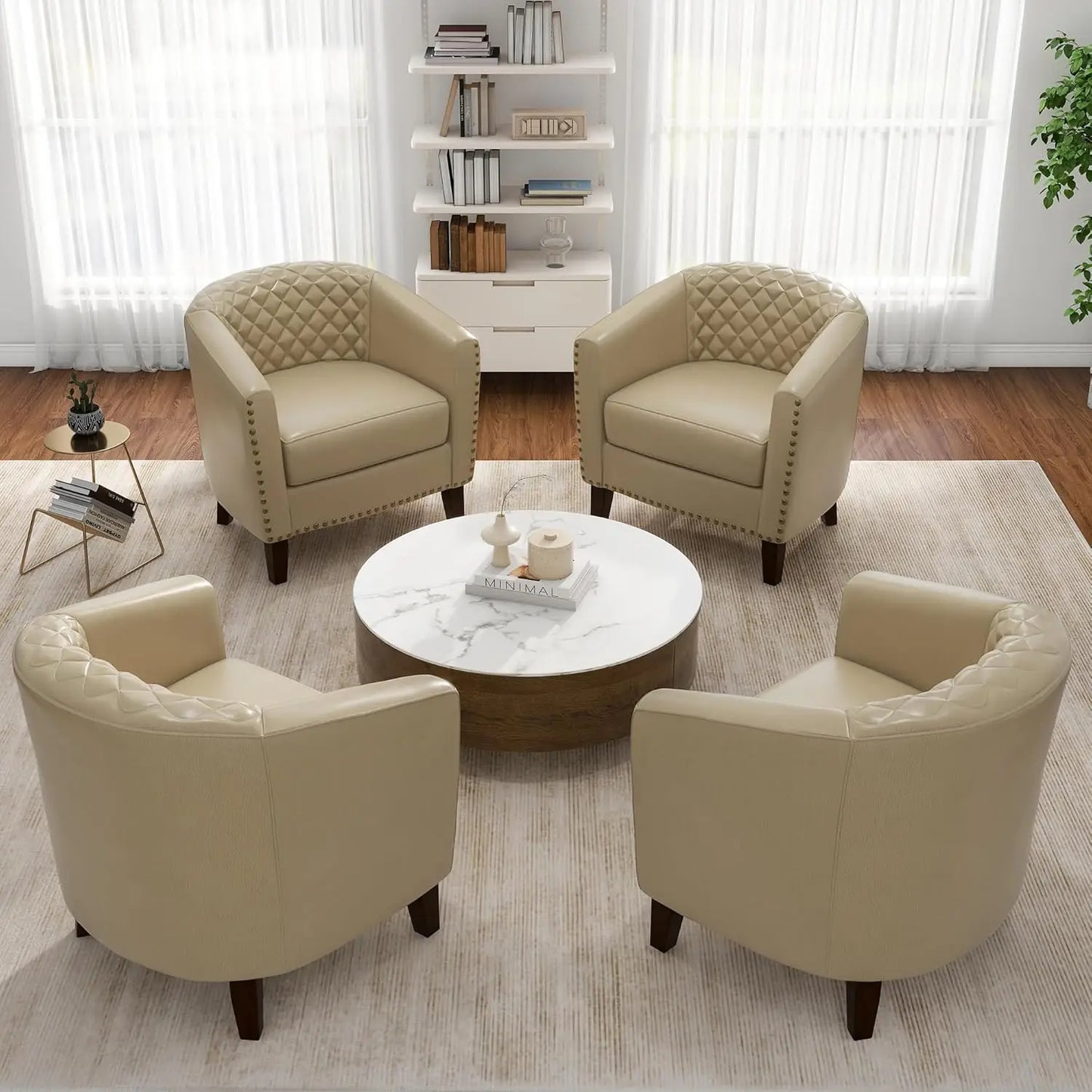 Faux Leather Barrel Accent Chairs Set of 4, Modern Club Arm Chair Comfy Upholstered Single Sofa Chair, Beige