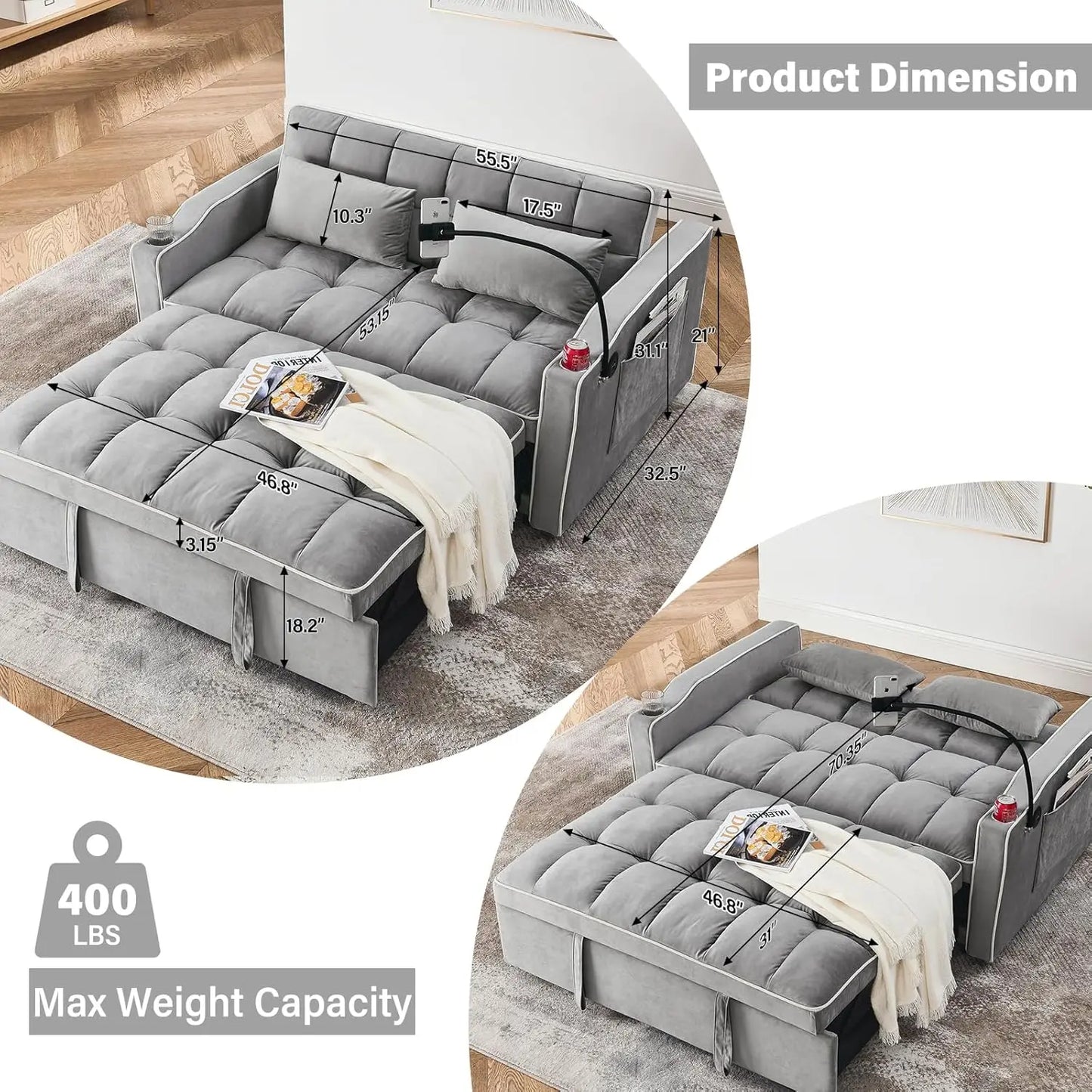 3-in-1 Velvet Sleeper Sofa, Pull-Out Bed, Adjustable Backrest, 55 Loveseat Bed