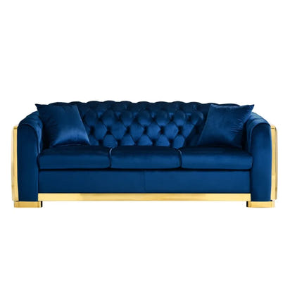 Velvet Luxury Chesterfield Sofa Set 84 Inches Tufted 3 Seat Couch with Gold Stainless for Living Room Navy Blue Fabric