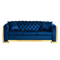 Velvet Luxury Chesterfield Sofa Set 84 Inches Tufted 3 Seat Couch with Gold Stainless for Living Room Navy Blue Fabric