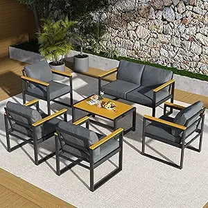 6 Pieces Outdoor Patio Furniture Set with Wicker Handrails, Plastic-Wood Balcony Furniture with Wicker Arm Panel, All-Weather M