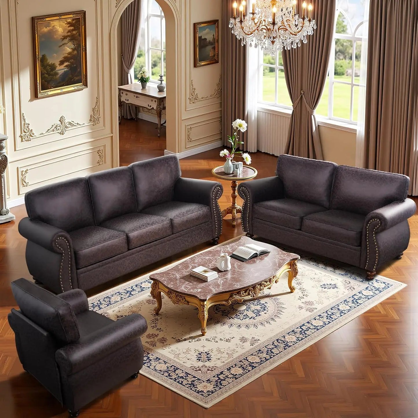 Mid-Century Vintage 3-Seater Sofa Couches Rivet Design Removable Cover Upholstered Cushions Customized Living Room Furniture