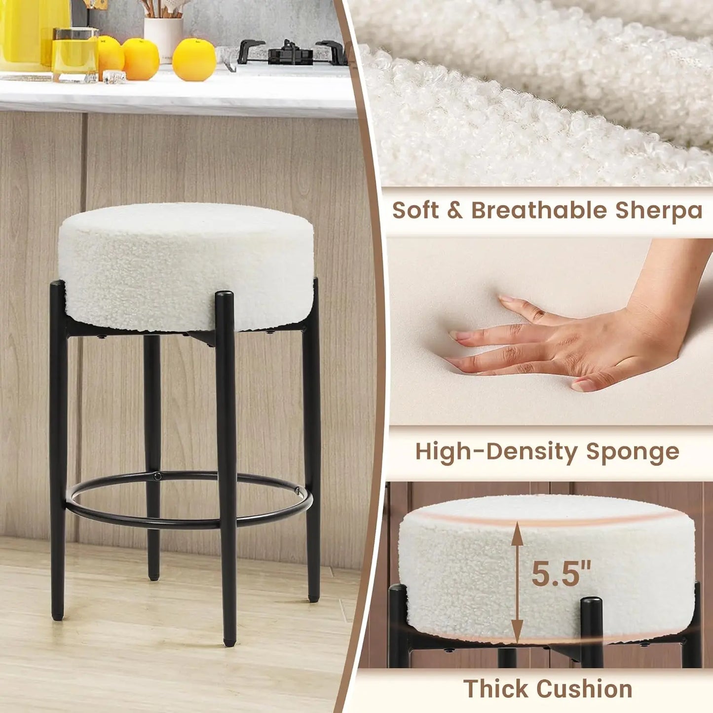 Counter Height Bar Stools, Set of 4, 24" Modern Backless Bar Stools, Ideal for Kitchen Counter, Kitchen Island, White