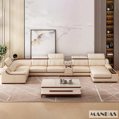 Modern Italian Genuine Leather Sofa for Living Room with Cup Holder, USB, Adjustable Headrests & Bluetooth Speaker - Linlamlim