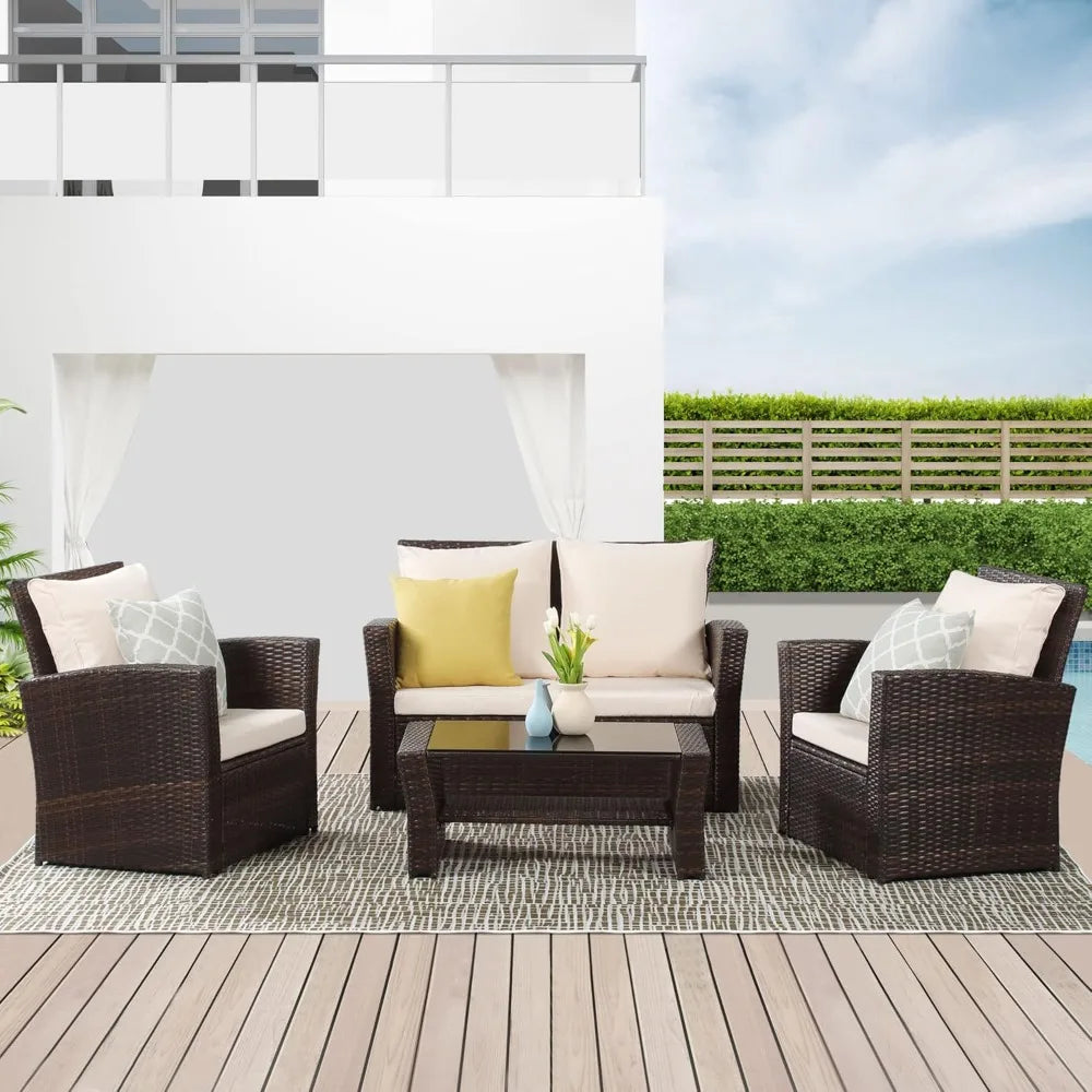 brown wicker outdoor patio furniture set with 4 pieces, conversation area for deck or porch, includes cushioned rattan sofa chai