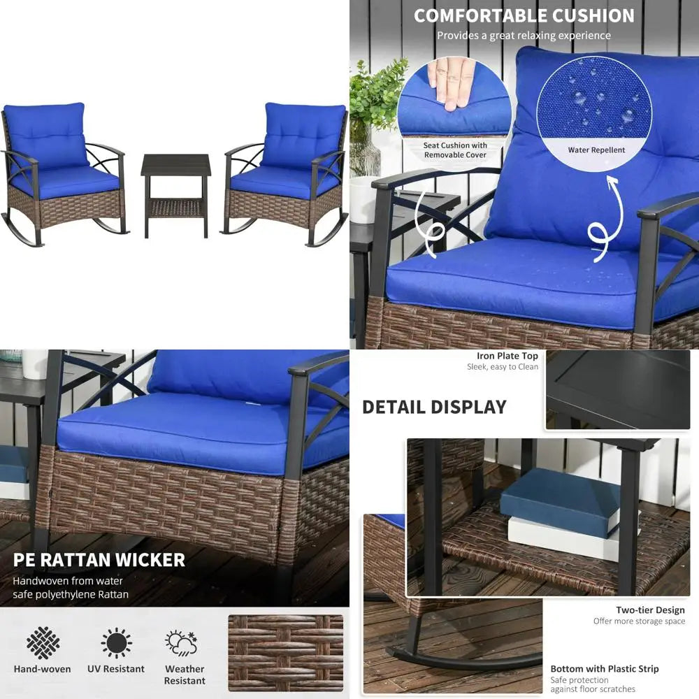 Patio Rocking Chair Set Outdoor Wicker Bistro with Cushioned Rockers and 2 Tier Coffee Table for Garden Relaxation