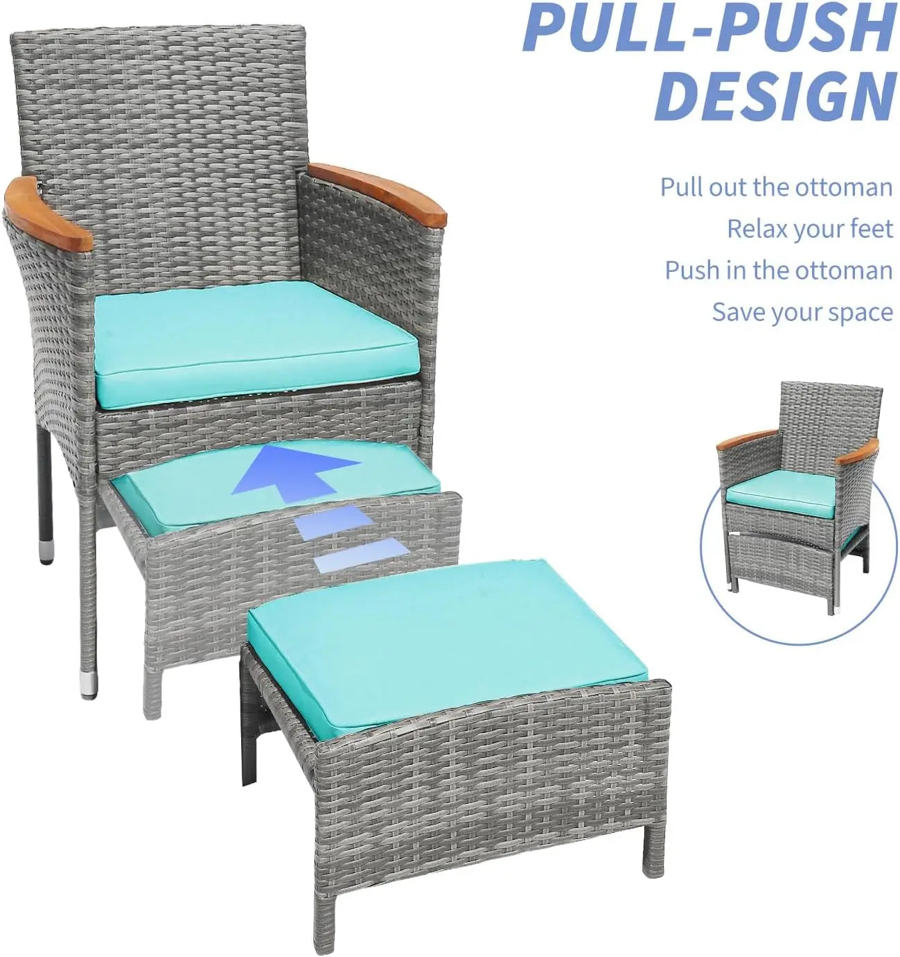 5 PCS Outdoor Patio Set with Table & Ottoman, Gray Wicker & Green Cushion Bistro Furniture