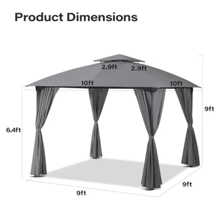 10'x10' Patio Arc Gazebo, Outdoor Canopy Tent with Curved Roof Design, Double Tier Top, Privacy Curtains and Wind-Resistant Rop