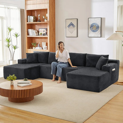 133.5" Boneless Sectional Couch with Cup Holder, U Shaped Sofa with Chaise, Oversized Modular Couch with Deep Seat, Comfy Cordur