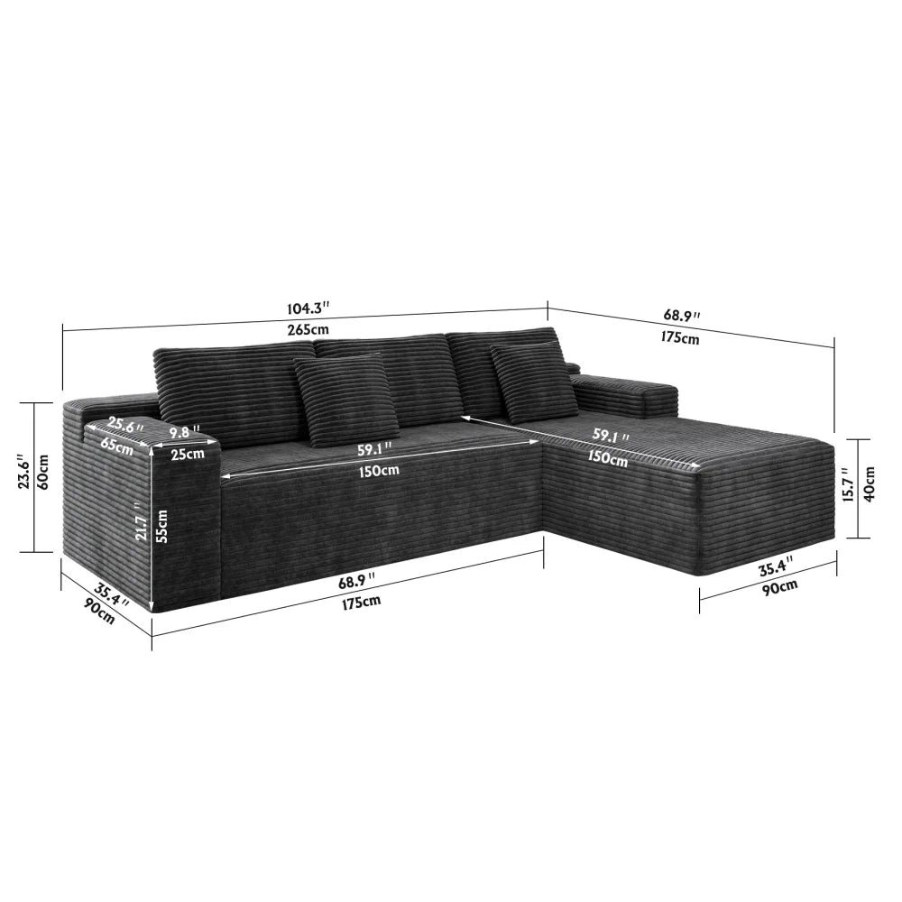 104.3*68.9" Modular Sectional Sofa,Upholstered,No Assembly,2PC Free Combo,Plush Corduroy,Grey
