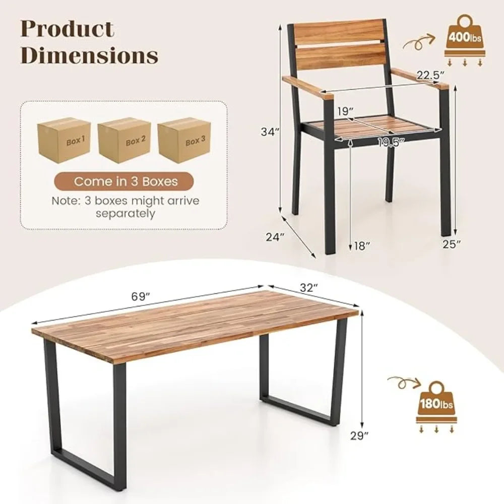 6 Pieces Outdoor Acacia Wood Dining Set, Patio Table and Chairs Set with Bench for 6-7 People, Outdoor Dining Furniture