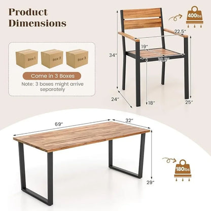 6 Pieces Outdoor Acacia Wood Dining Set, Patio Table and Chairs Set with Bench for 6-7 People, Outdoor Dining Furniture