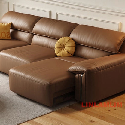 Modern Convertible Genuine Leather Sofa Bed – Multi-functional Electric Sleeper Couch with Adjustable Seats & Wide Chaise Lounge
