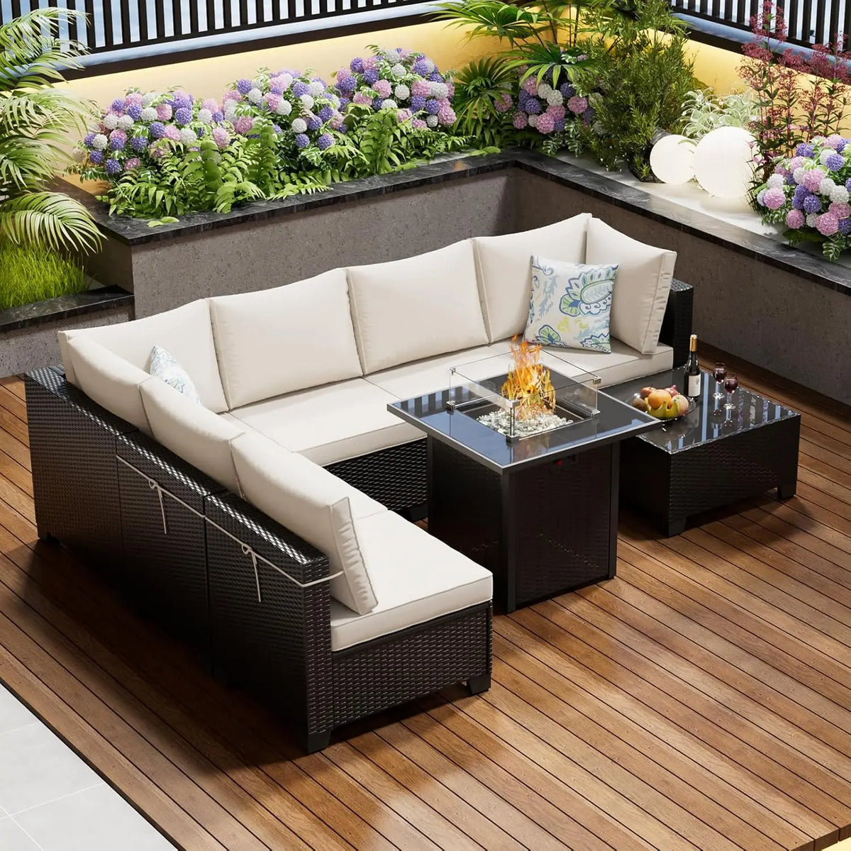 8 Piece Outdoor Patio Furniture Set with Fire Pit, Wicker Outdoor Sectional Sofa for Deck, Garden, Lawn