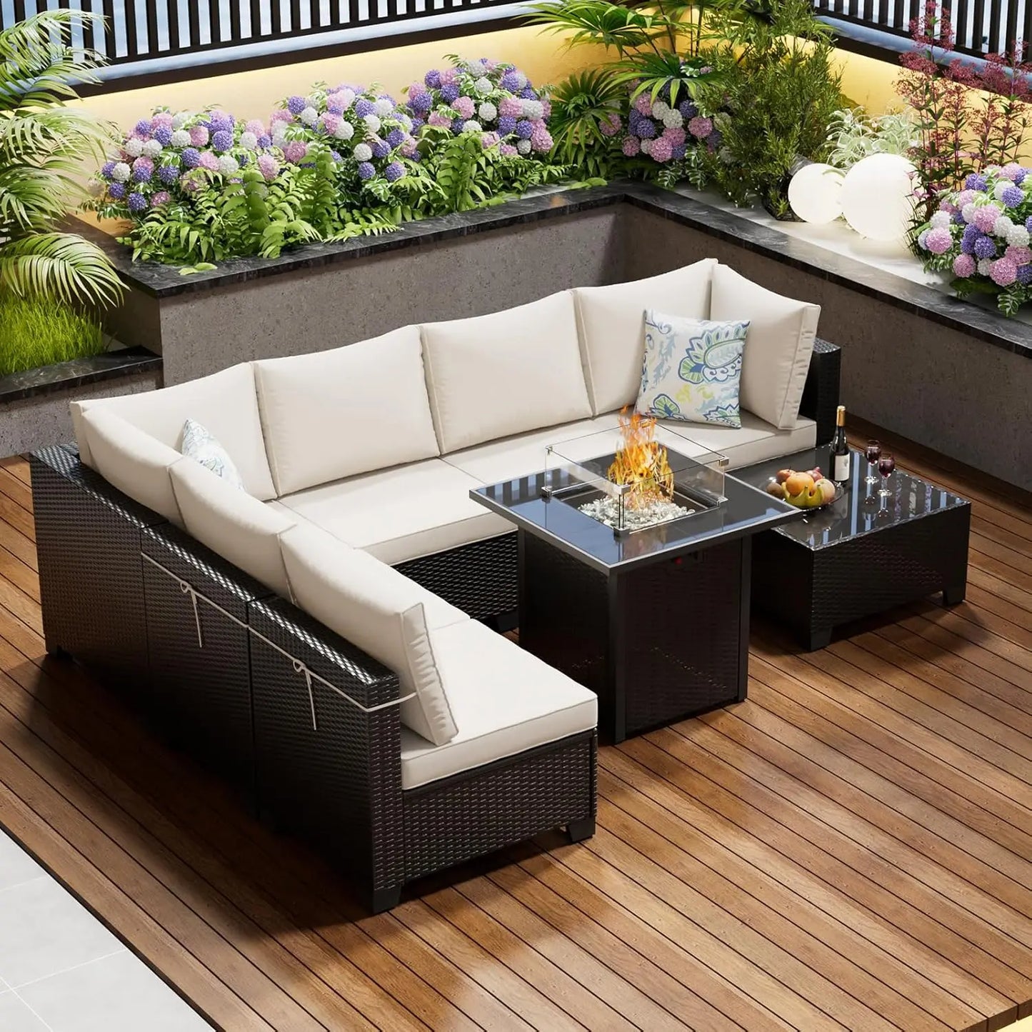 8 Piece Outdoor Patio Furniture Set with Fire Pit, Wicker Outdoor Sectional Sofa for Deck, Garden, Lawn