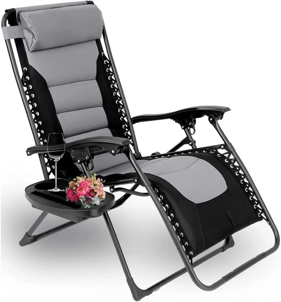 Padded Zero Gravity Lounge Chair Folding Patio Recliner with Adjustable Headrest & Cup Holder, Support 160kg Sun Loungers